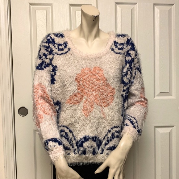 LA FEE VERTE Sweaters - LA FEE VERTE CREAM & BLUE FUZZY SWEATER